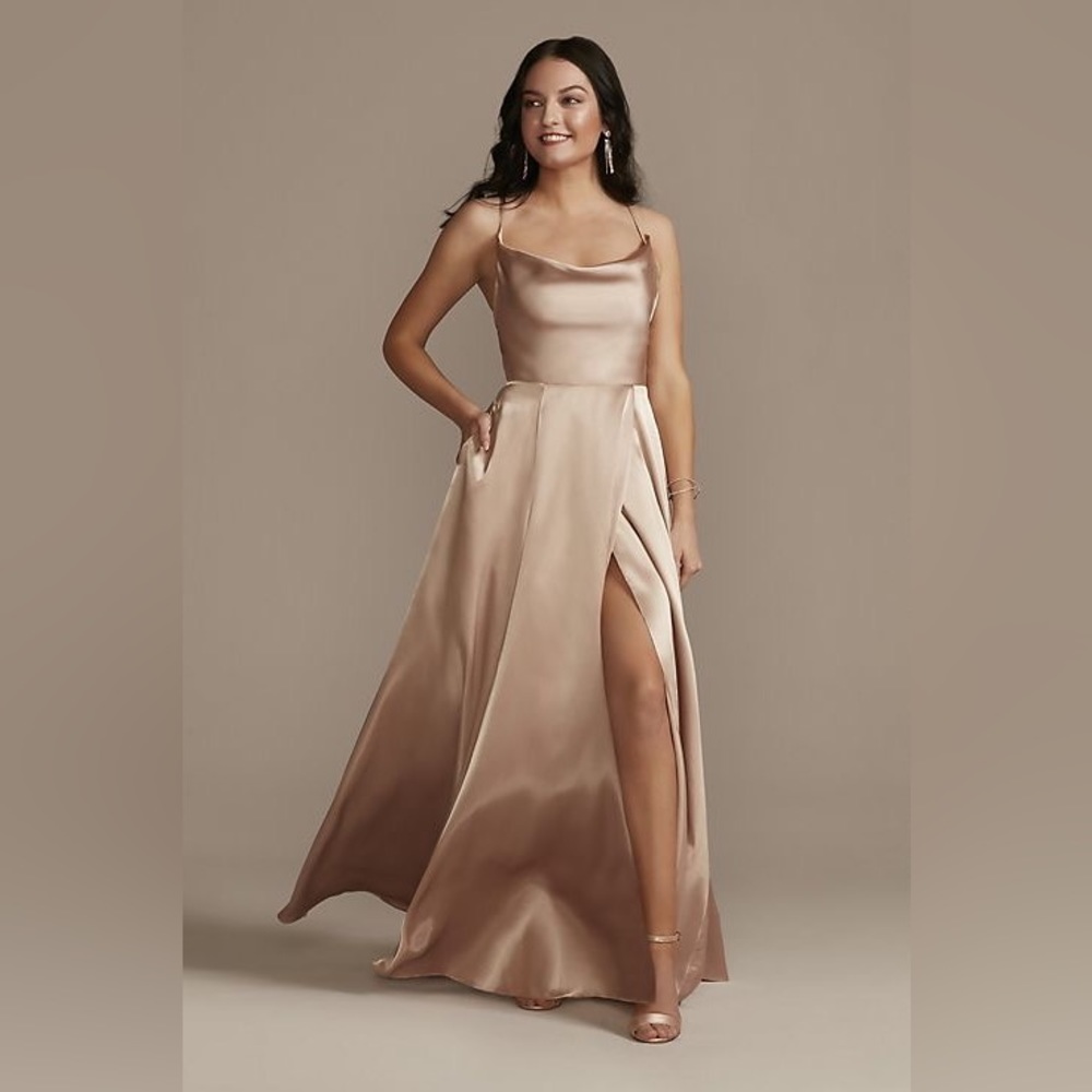 Champagne gold cowl dress with lace-up back
